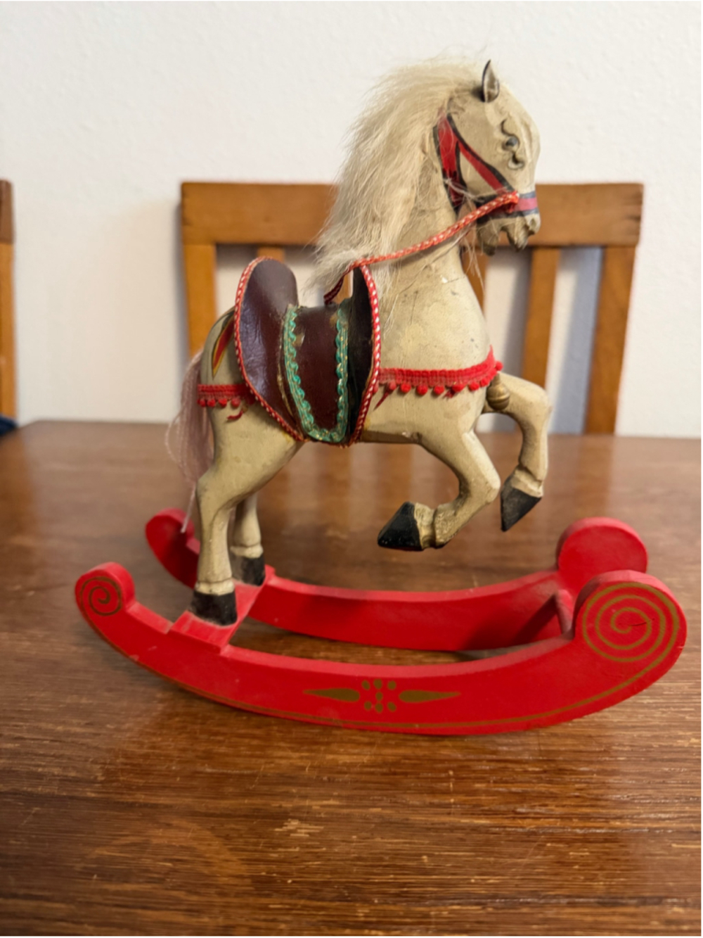 Vintage Folk Art Wooden Rocking Horse 9” Hand Painted Saddle Bells Primitive